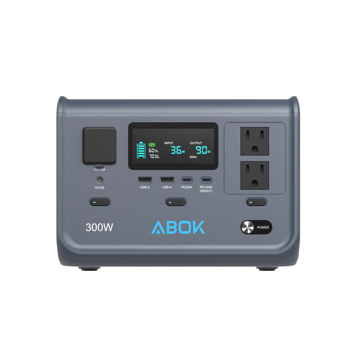 Front view of the ABOK Ark300 US portable power station on a white background.
