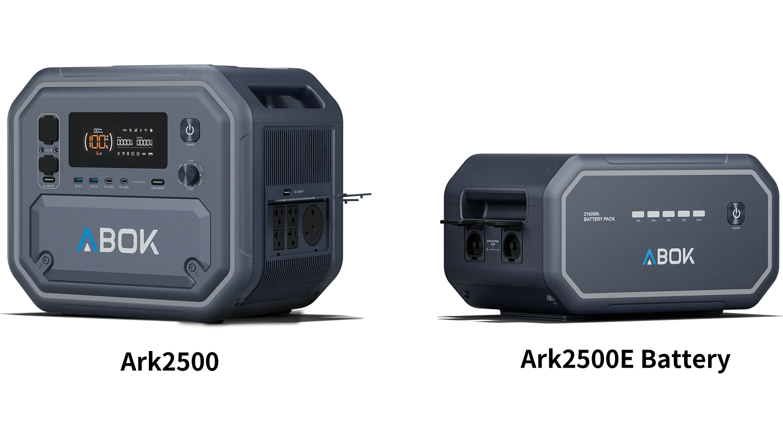 ABOK Ark2500 portable power station displayed beside its matching 2160Wh extra battery pack