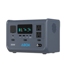 Front angled view of the ABOK Ark300 US power station showing the display, US AC outlets and USB ports on a white background.