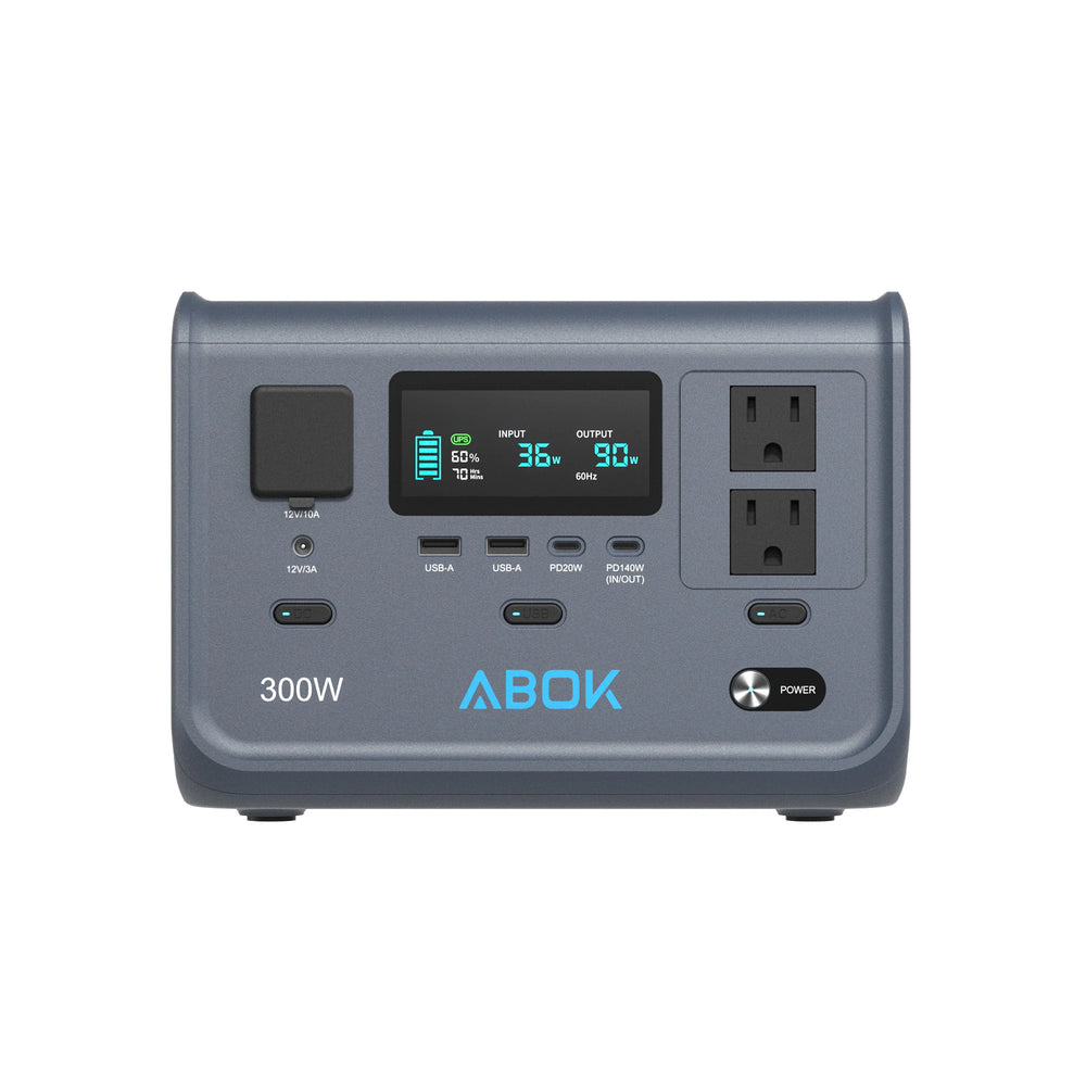 Front view of the ABOK Ark300 US portable power station on a white background.