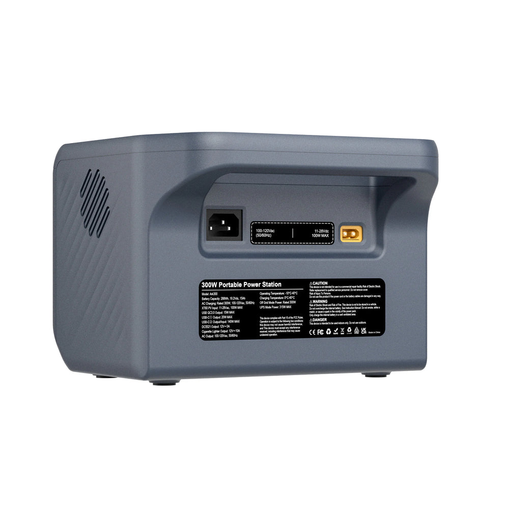 Rear angled view 2 of the ABOK Ark300 US power station showing charging inputs and the product label on a white background.