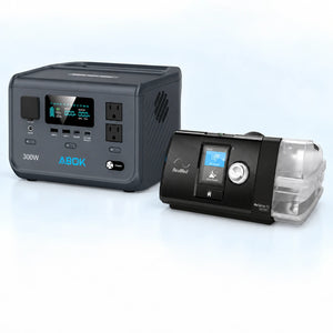 ABOK Ark300 portable power station beside a ResMed AirSense 10 AutoSet CPAP machine on a pale blue and white background.
