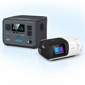 ABOK Ark300 portable power station beside a ResMed AirSense 11 AutoSet CPAP machine on a pale blue and white background.