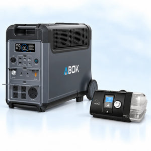 ABOK Ark3600 portable power station beside a ResMed AirSense 10 AutoSet CPAP machine on a pale blue and white background.