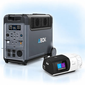 ABOK Ark3600 portable power station beside a ResMed AirSense 11 AutoSet CPAP machine on a pale blue and white background.