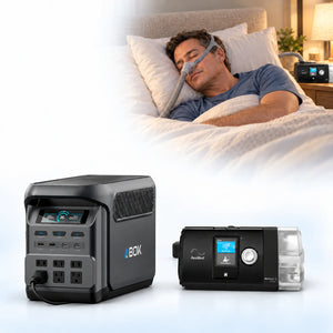 ABOK US CPAP illustration with an Ark1800 power station, AirSense 10 device and a sleeping person in a warmly lit bedroom.