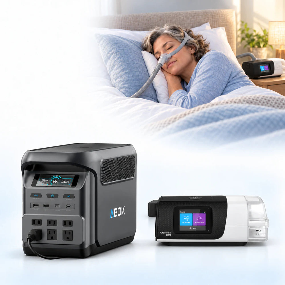 ABOK US CPAP illustration with an Ark1800 power station, AirSense 11 device and a sleeping person in a daylight bedroom.