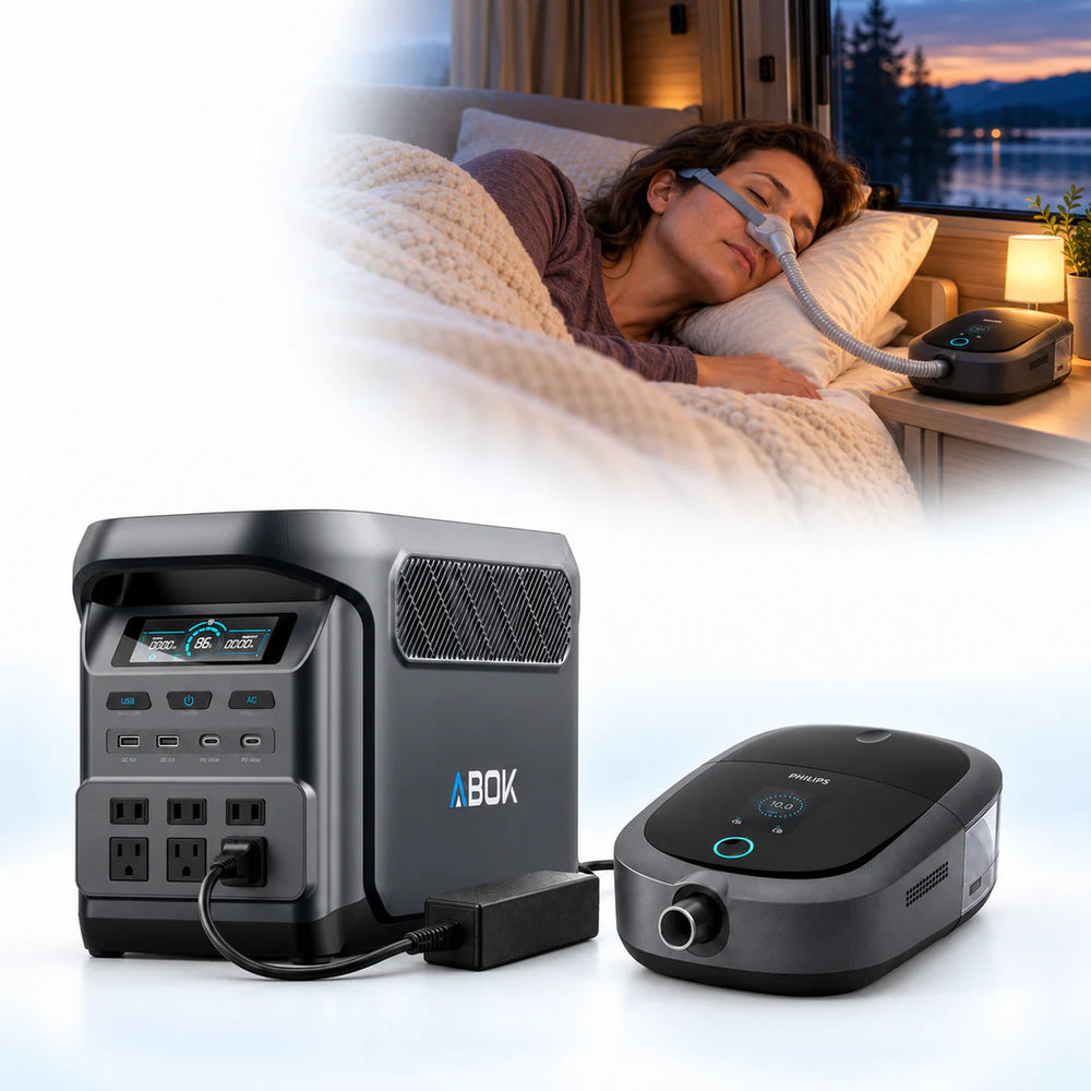 ABOK US CPAP illustration with an Ark1800 power station, DreamStation 2 device and a sleeping person in a lakeside RV.