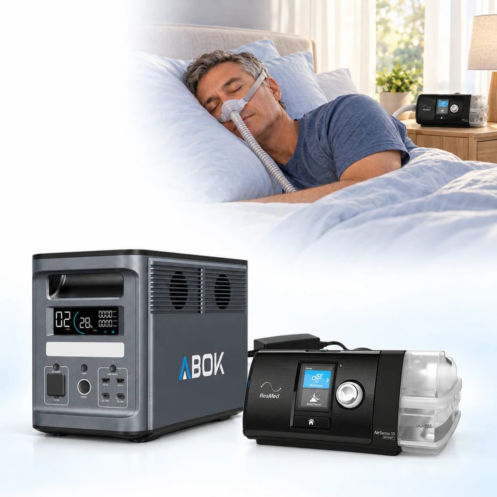 ABOK US CPAP illustration with an Ark2000 power station, AirSense 10 device and a sleeping person in a sunlit bedroom.