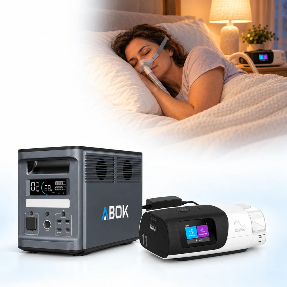 ABOK US CPAP illustration with an Ark2000 power station, AirSense 11 device and a sleeping person in a warmly lit bedroom.