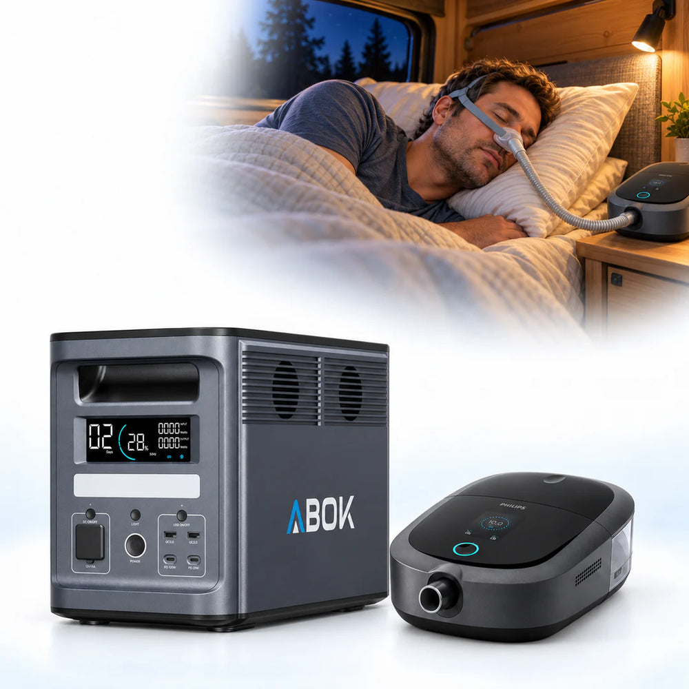 ABOK US CPAP illustration with an Ark2000 power station, DreamStation 2 device and a sleeping person in an RV at night.